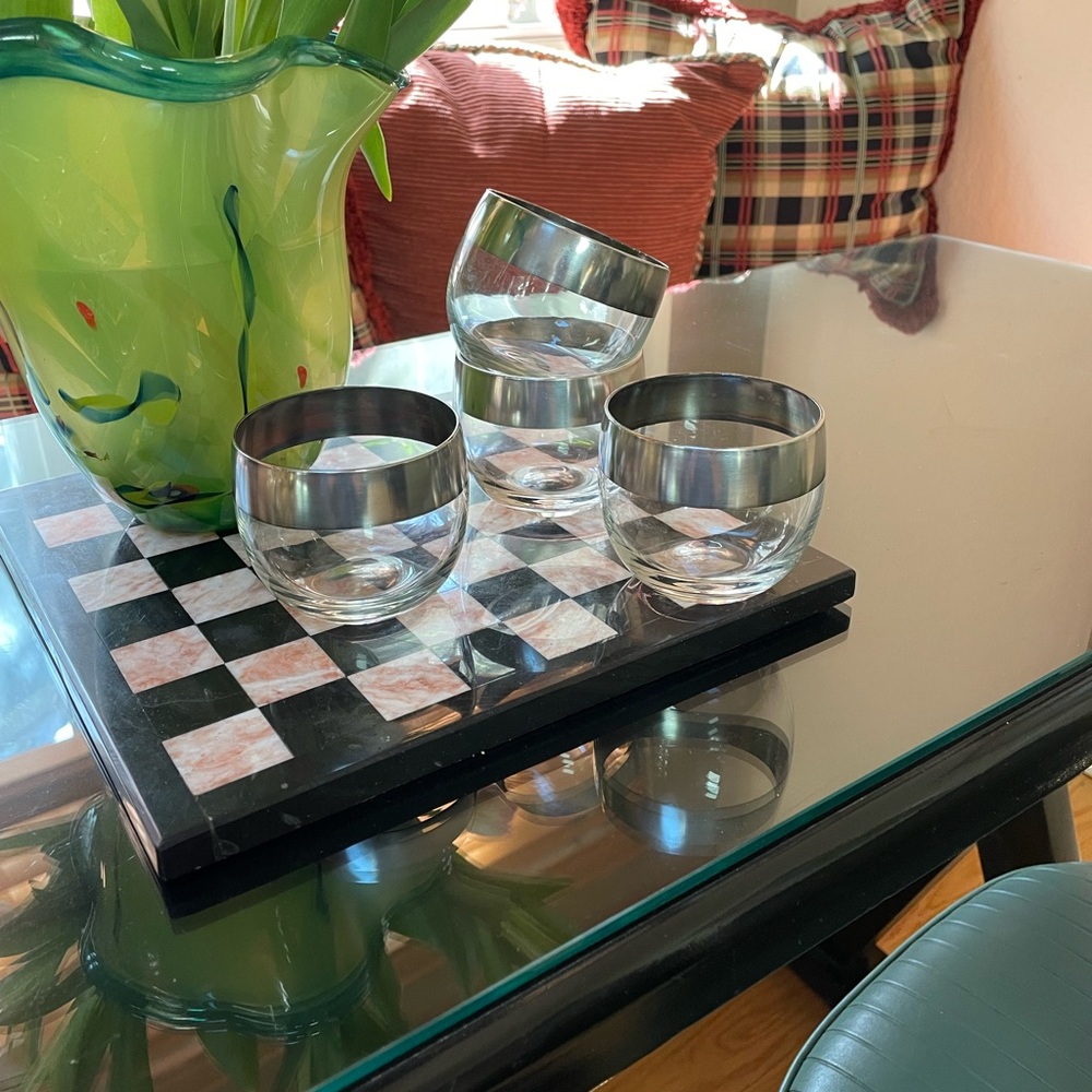 MCM Vintage Dorothy Thorpe ?  roly-poly Silver Rim Cocktail,Highball Glasses
